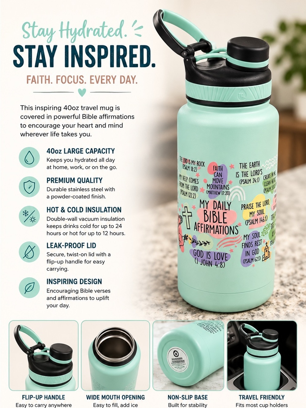Hand Crafted Mint Green Inspirational Bible Affirmations Water Bottle TINY DENT
